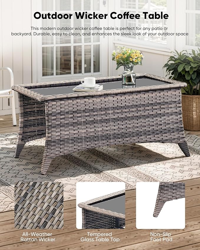 HUMMUH 6 inch Thick Cushion Wicker Patio Furniture Set with Outdoor Swivel Rocker Patio Chairs,High Back Outdoor Couch and Coffee Table for Porch Garden Deck