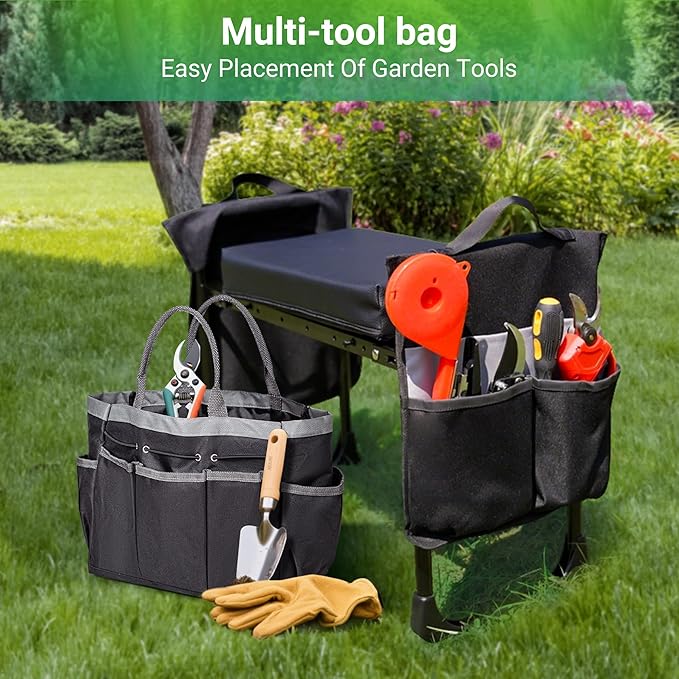Walensee Garden Kneeler and Seat – Foldable Heavy Duty Garden Stool with Soft Leather Kneeling Pad, Removable Tool Pouch, Sturdy Steel Frame, No Assembly, Ideal Gardening Gift for Women & Men