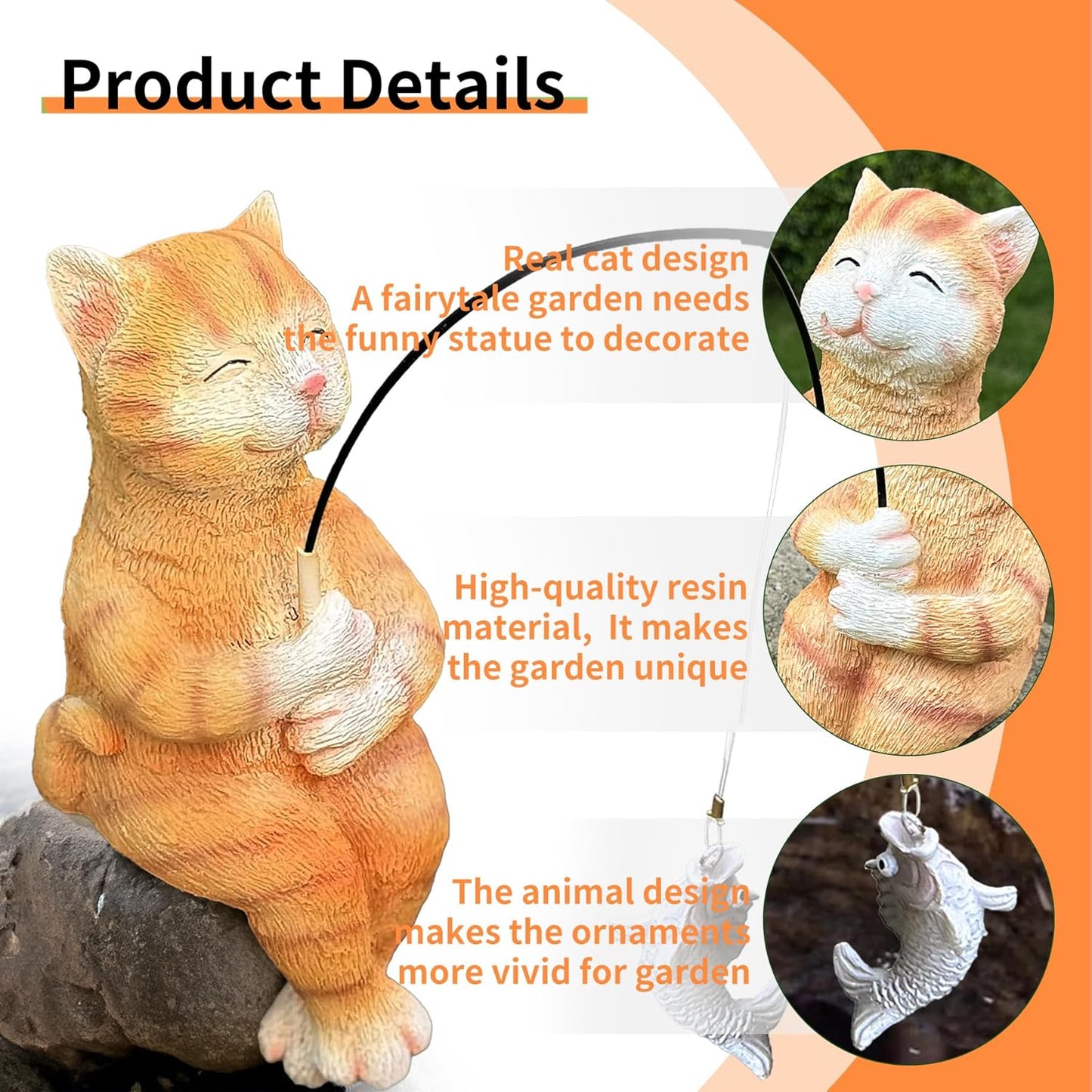9.5“ Cat Fishing Garden Sculptures & Statues, Stone Look Fishing, Whimsical Lawn Yard Art, Funny Garden Pond Fisherman, Resin Animal Decor, Cat Lover Ornament, Cute Outdoor Statue