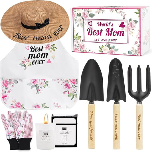 Gifts for Mom,7 Piece Womens Gardening Kit with Pink Gardening Tools,Straw Hat, Floral Gardening Apron and Gloves,Mothers Day Garden Gifts Pink