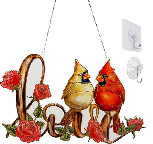 Love with Red Cardinal Suncatcher Red Bird Stained Glass Suncatchers Window Hanging Ornament for Home Decor for Valentine's Day Mother's Day Women Mom Birds Lovers Friends (Love)
