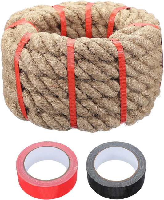 MECCANIXITY Jute Rope 1.5 Inch x 20ft, Thick Twine Rope Ropes Braided Jute Twine Natural Brown Burlap Cord String Heavy Twisted with Tapes for Decorative Crafts Railing Swing Tug of War