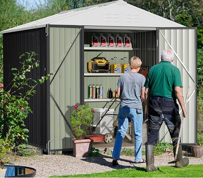 Greesum 8x6FT Outdoor Storage Shed, Utility Tool Shed with Sloping Roof, Metal Storaged Garden Shed with Door & Lock for Patio Storage, Gray