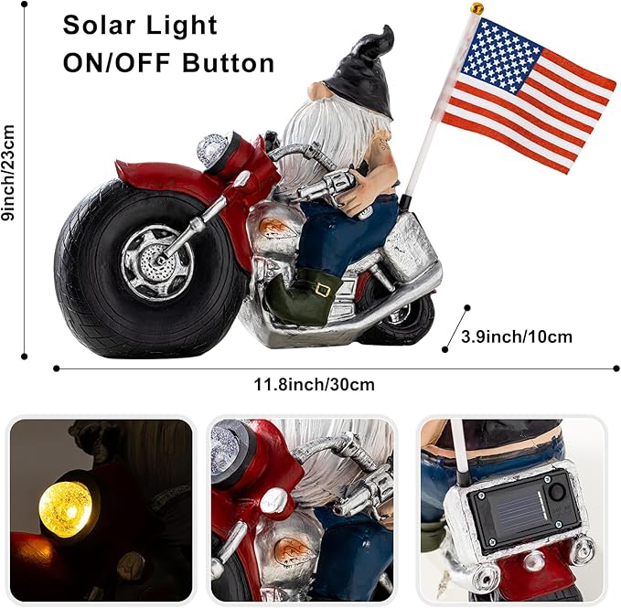 Solar Garden Gnomes Statues,Garden Sculptures & Statues,Motorcycle Gnome Garden Statues Outdoor Clearance with Lights,Resin Garden Decor for Outside Patio Lawn Garden Gift