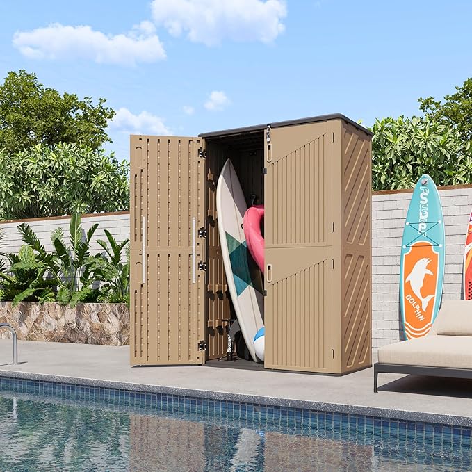 Aoxun Outdoor Storage Shed with Floor, 64 Cu.Ft Large Outdoor Storage Cabinet, Waterproof Vertical Resin Shed for Garden Tools, Pool Equipment, Brown