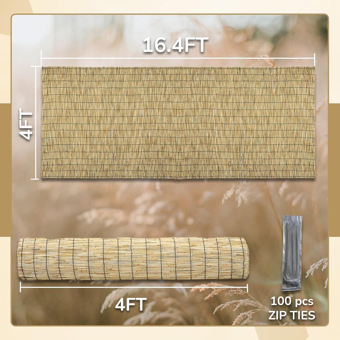 Natural 4FT X 16.4FT Reed Fencing Roll, Balcony Privacy Shade Reed Bamboo Fencing Garden Fence Border, Wind Block Sunshade Fence Screen for Outdoor Yard Patio Flower Bed Edge