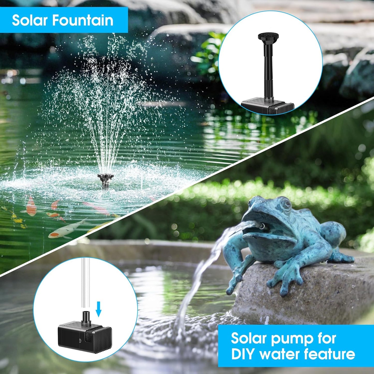 Biling 8W Solar Fountain Pump, Solar Water Pump with 3600mAh Battery Backup Work All Day, 5ft Tubing 5 Nozzles, Solar Fountain for Bird Bath, Garden Pond, Fish Tank and Hydroponics