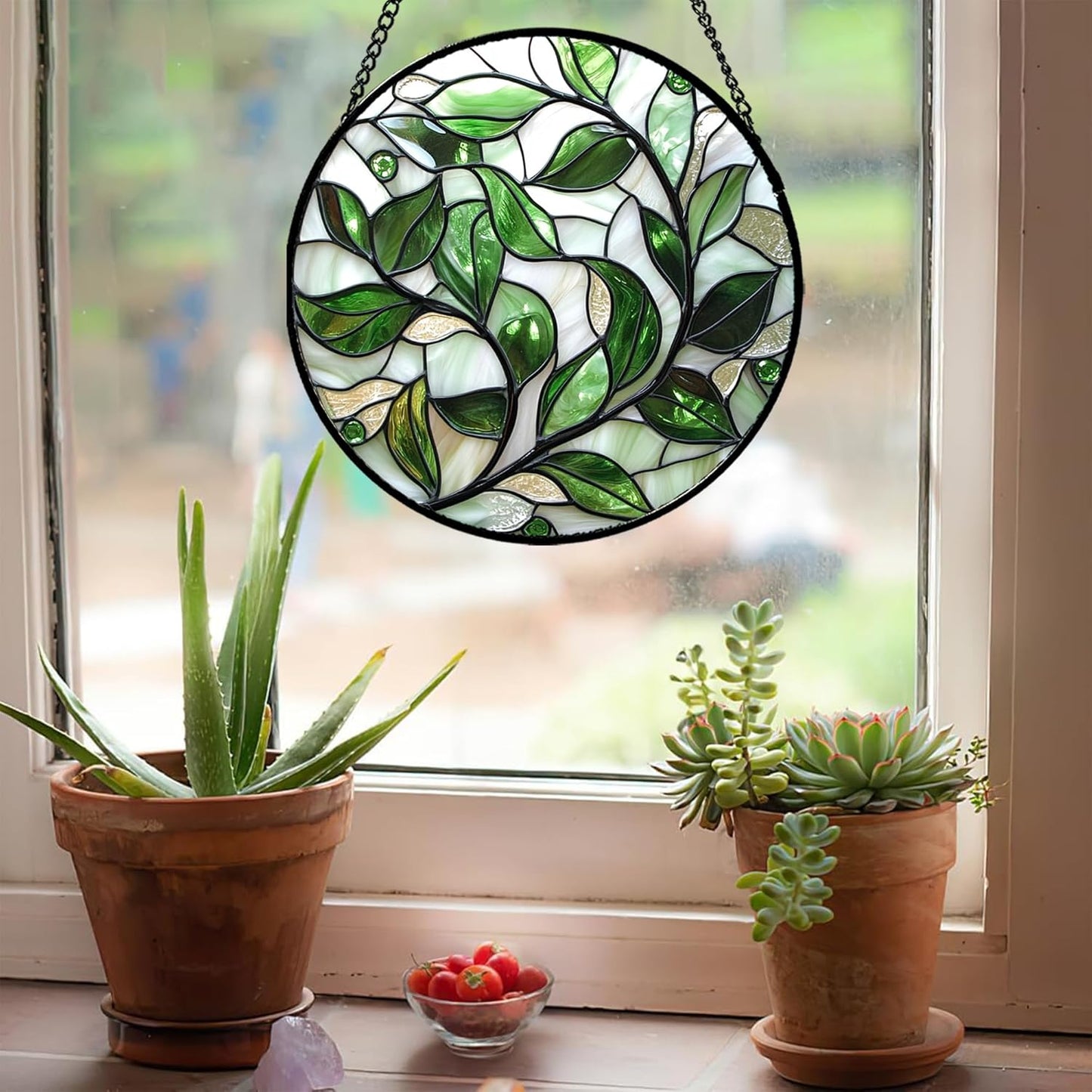 Stained Glass Window Hanging - White Green Leaves Suncatcher for Doors Window Home Plant Sun Catchers Decor Christmas Mother's Day Birthday Gifts for Teacher Women Men Mom Nana 9.8 in