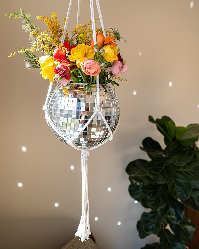 Hanging Disco Ball Planter 8" - with Acrylic Stand and Macrame Plant Hanger - Home Décor, Room Décor, Patio or Boho Décor, Mirror Disco Planter, Disco Decor (8" with Base)