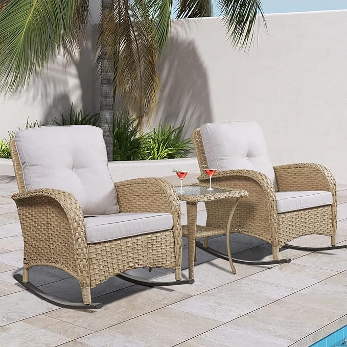 HUMMUH Patio Wicker Rocking Chairs Set of 2 Rattan Outdoor Rocking Chairs for Front Porch Garden Backyard Lawn Balcony Weather Rocker Chair with Side Table