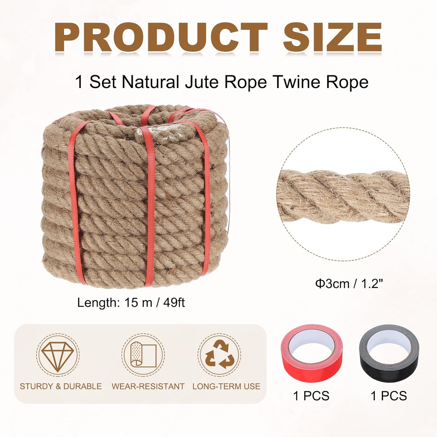 MECCANIXITY Jute Rope 1.2 Inch x 49ft, Thick Twine Rope Ropes Braided Jute Twine Natural Brown Burlap Cord String Heavy Twisted with Tapes for Decorative Crafts Railing Swing Tug of War
