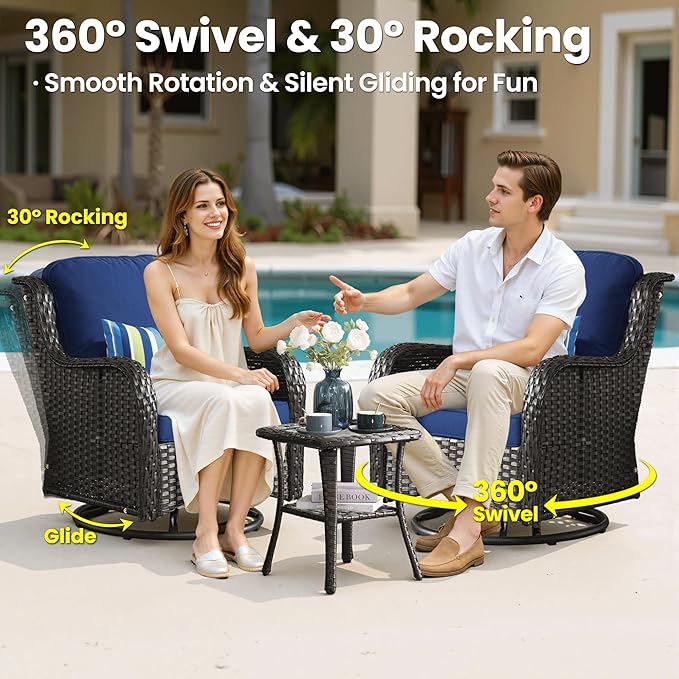 ovios 8 Pieces Patio Furniture Set, Outdoor Wicker Sofa Couch with Swivel Chairs 42" Fire Pit Table, High Back All Weather Modern Conversation Sets, Brown Rattan, Navy Blue