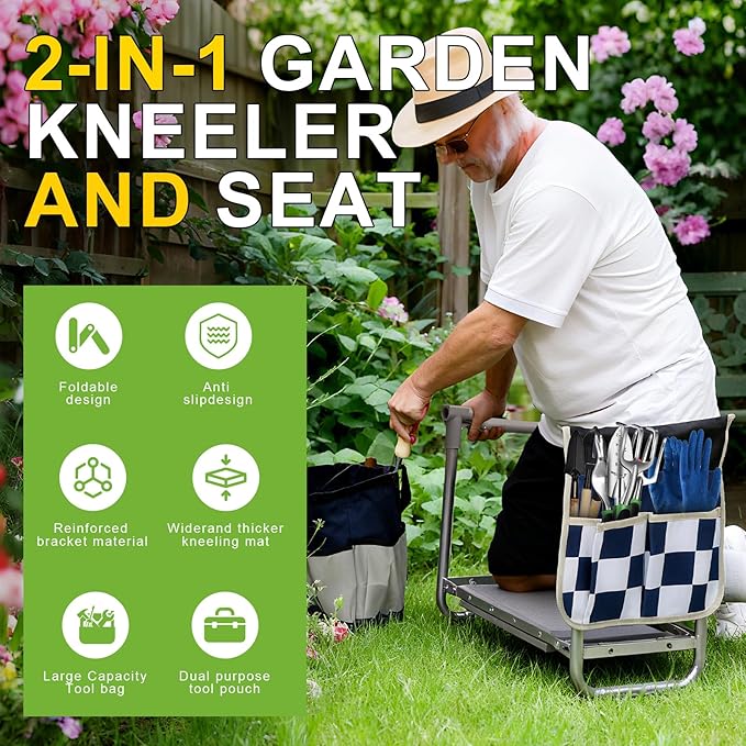 Garden Kneeler and Seat, Wider Thicker Kneeling Pad, Heavy Duty Garden Stool Includes Gardening Tools Pouch and Bag, Convertible Garden Bench Kneeling Chair/Gifts for Parents Women Seniors