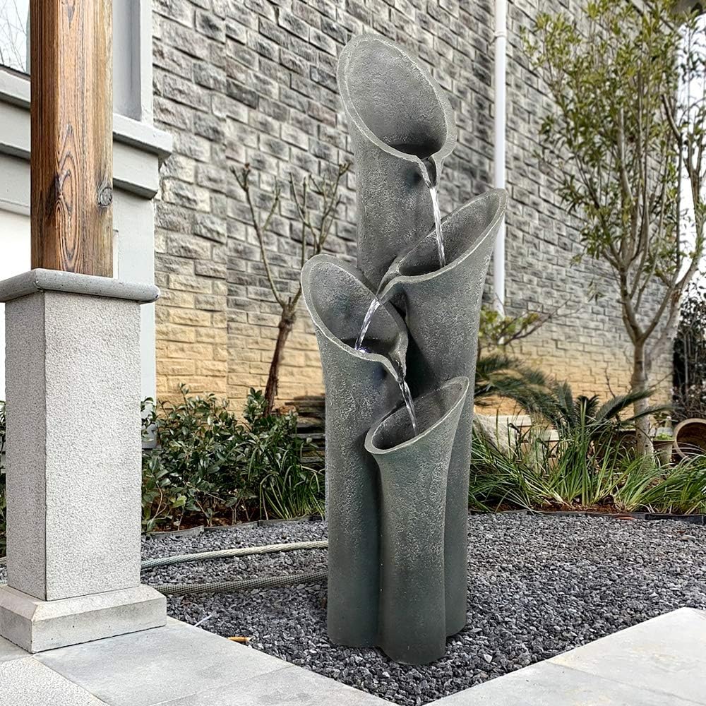 4-Tier Faux Stone LED Floor Fountain, 33.5 Inch Waterfall Outdoor Fountain LED Illuminated Water Feature for Patio Garden