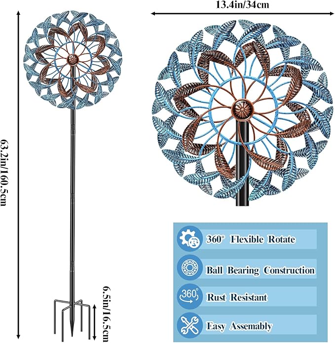 360° Wind Spinners Outdoor, Wind Sculptures Windmill with Metal Stake, Kinetic Large Metal Yard Art Decor Spinners Pinwheels for Garden Outside Patio Lawn, 63.2 * 13.2"