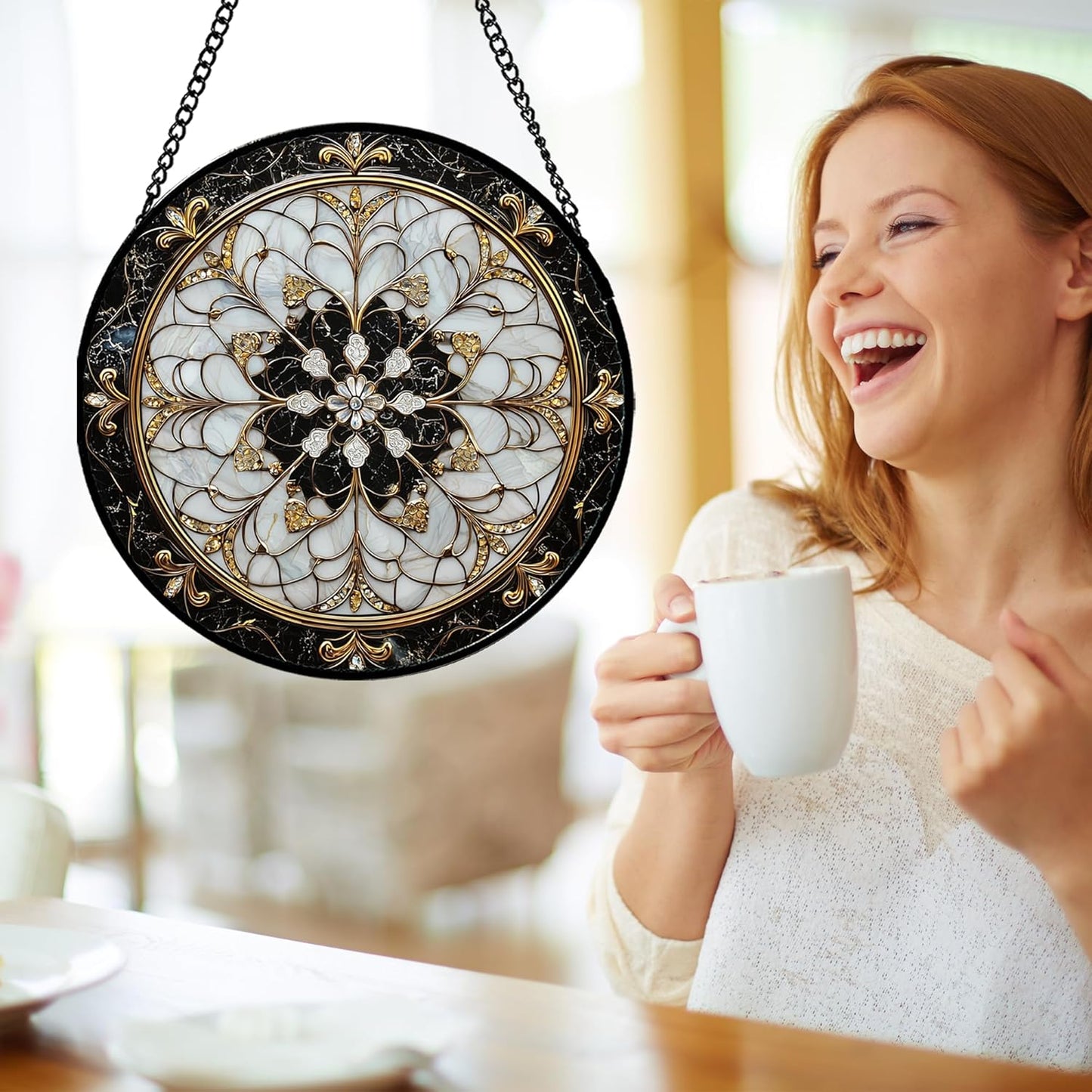 Stained Glass Window Hanging, Black and White Gold Boho Pattern Suncatcher for Doors Window Home Abstract Flower Sun Catchers Decor Mother's Day Birthday Gifts for Women, Men Mom 11.8 in