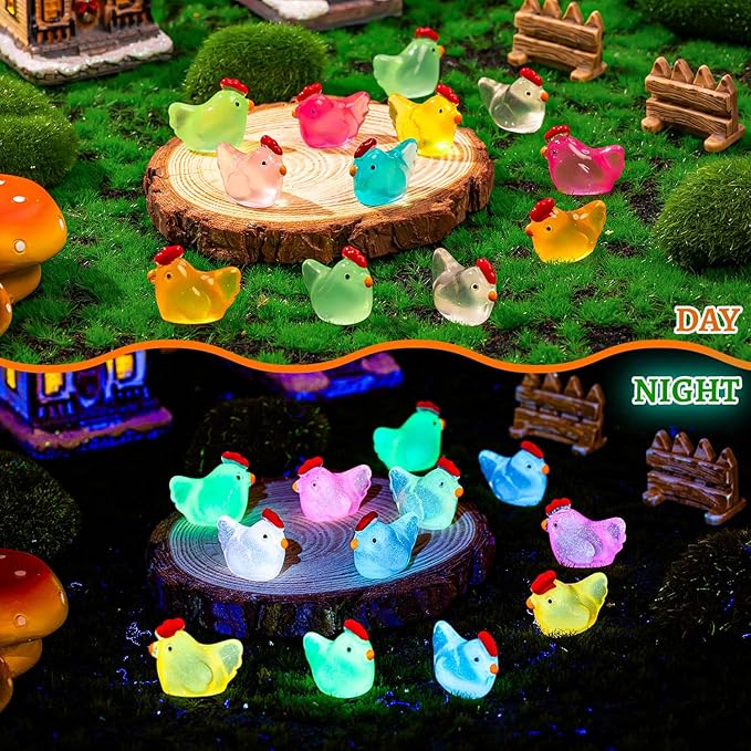 128PCS Luminous Mini Resin Chickens Miniature Animals, Tiny Chickens Miniature Figurines Glow in The Dark for Micro Garden, Potted Plant, DIY, Home Outdoor Party Decor (8 Colors)