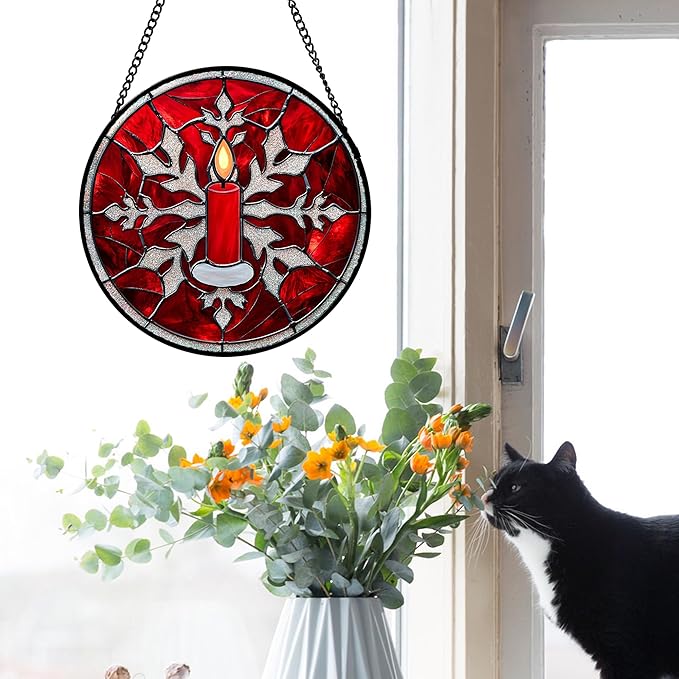 Stained Glass Window Hanging 4 Pcs Set Red Christmas Decorations Theme Large 15" - Suncatcher Door Garden Sun Catcher Decor Birthday for Mom Woman Nana Men Friend Wife