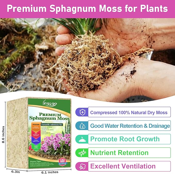 Legigo 3.3lb Natural Sphagnum Moss for Plants, 60QT Long Fiber Orchid Moss Potting Mix, Dried Sphagnum Moss for Plants Indoor, Orchid Repotting, Succulent, Carnivorous Plants, Terrarium and Reptiles