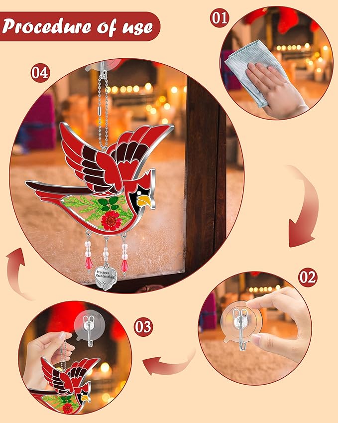 KY&BOSAM Cardinal Suncatcher Precious Grandmother Glass Hanging for Windows Wind Chime Ornament with Pressed Real Flowe and Heart Charm Birthday Gifts for Women Mother's Day Christmas