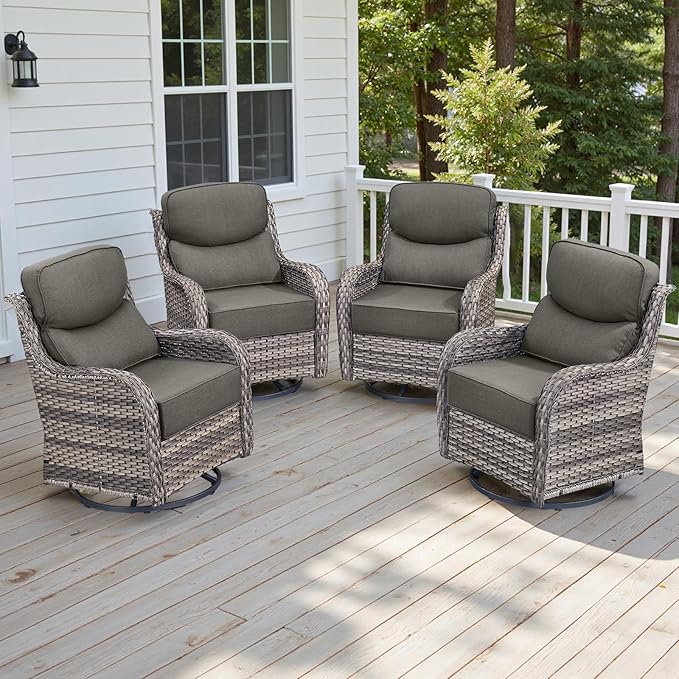 Rilyson 4 Piece Outdoor Patio Swivel Rocker Chairs, Waterproof Wicker, High Back, Deep Seating, Wide Armrest, Upgraded 6 inch Thick Cushions, Ideal for Deck Porch Backyard, Mixed Grey/Grey