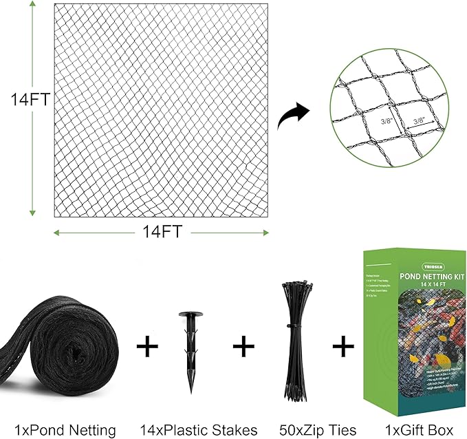 Pond Netting, Pond Netting for Koi Ponds 14 x 14 FT Pond Net, Heavy Duty Woven Fine Mesh Pond Garden Pool Netting Kit for Leaves to Catch Leaves and Debris, Protects Koi Fish from Birds Cats Predators