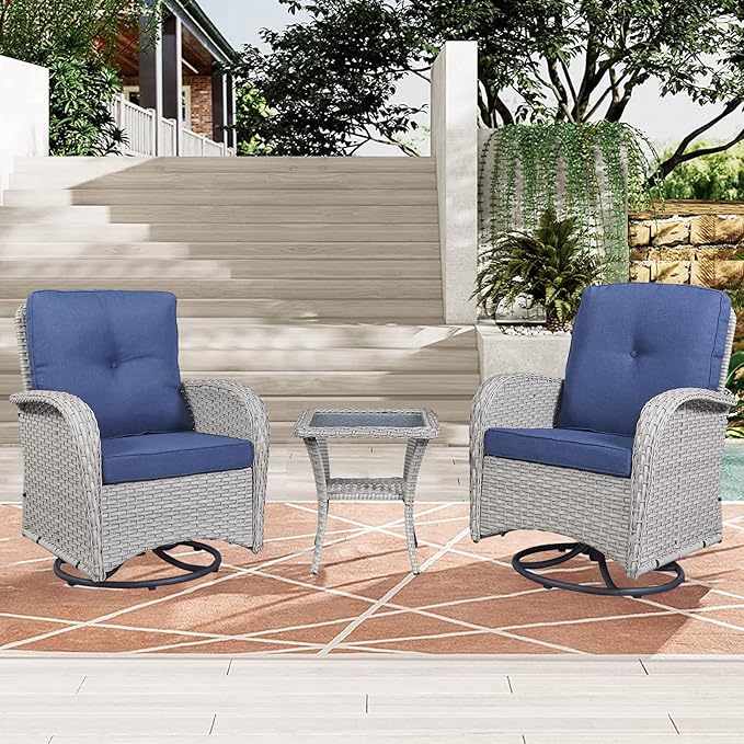 HUMMUH Swivel Patio Chair 3 Piece PE Wicker Patio Furniture Set with Rocking Chairs and Side Table Outdoor Bistro Set for Porch,Garden,Deck,Poolside