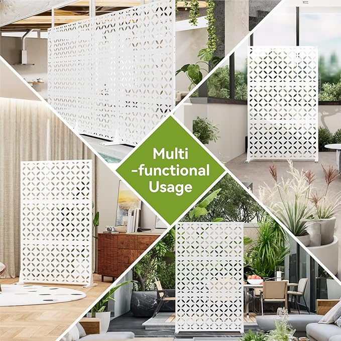 Metal Privacy Screen for Outdoor Freestanding Privacy Screens, 72" H x 44" W White Metal Fence Panels with Stand, Patio Divider Screens for Outside Deck Balcony Garden and Indoor