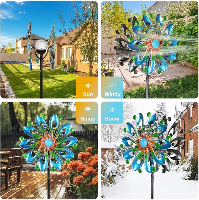 Wind Spinners for Yard and Garden-Wind Sculptures & Spinners 75 in Garden Kinetic Art with Solar Powered Multi-Color Glass Ball Light for Yard Garden Backyard Lawn Decorations