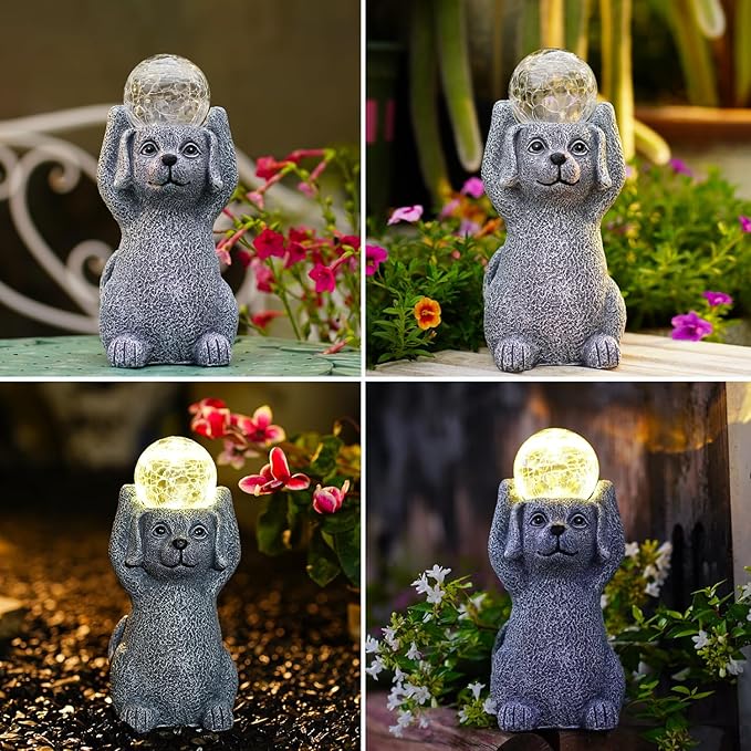 Solar Cute Dog Statue Holding Cracked Glass LED Lights – Funny Resin Dog Decor Garden Decorations for Patio,Balcony,Yard,Birthday Gifts for Women Mom