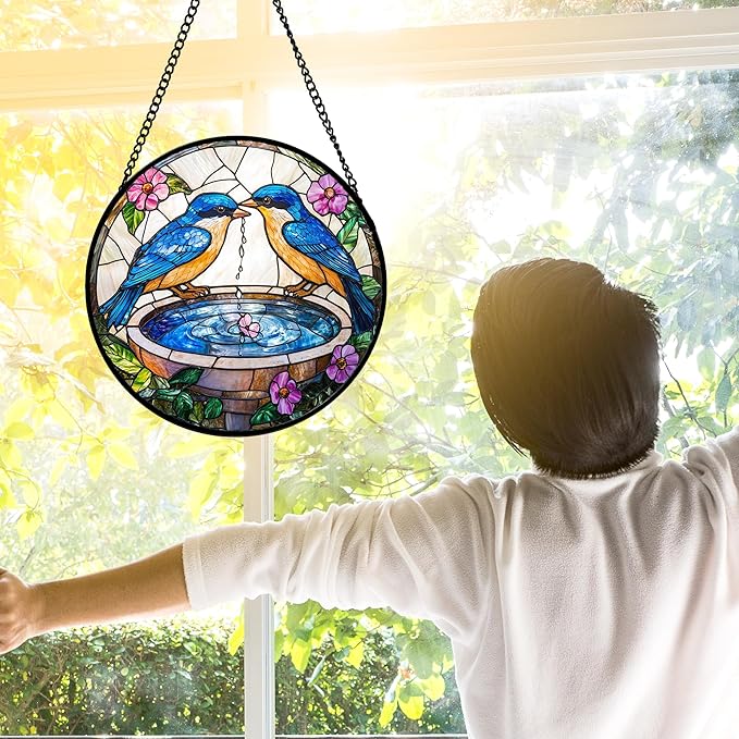 Stained Glass Window Hanging, 2 Blue Birds Suncatcher Diamond Glass Panel Hangings Bird Lover Sun Catchers Decor for Birthday for Women, Men, Wife, Aunt, and Mom 11.8x11.8 in