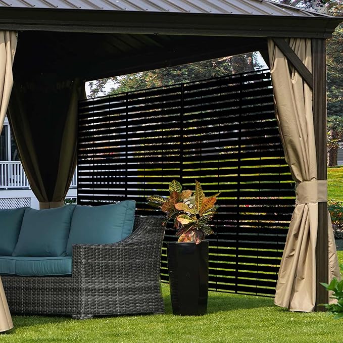 Kozyard Metal Privacy Screen 74" H x 47.2" W Decorative Outdoor Divider with Stand Panels Freestanding Screen Set for Deck Patio Balcony Garden Outdoor&Indoor(Black/Horizontal Slat)