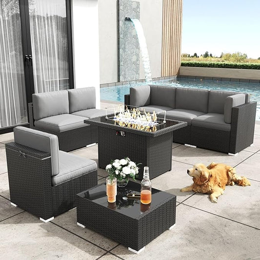 Patio Furniture Set with Fire Pit Table, 8 Pieces Outdoor All-Weather Wicker Conversation Sectional Chair Sofa Set