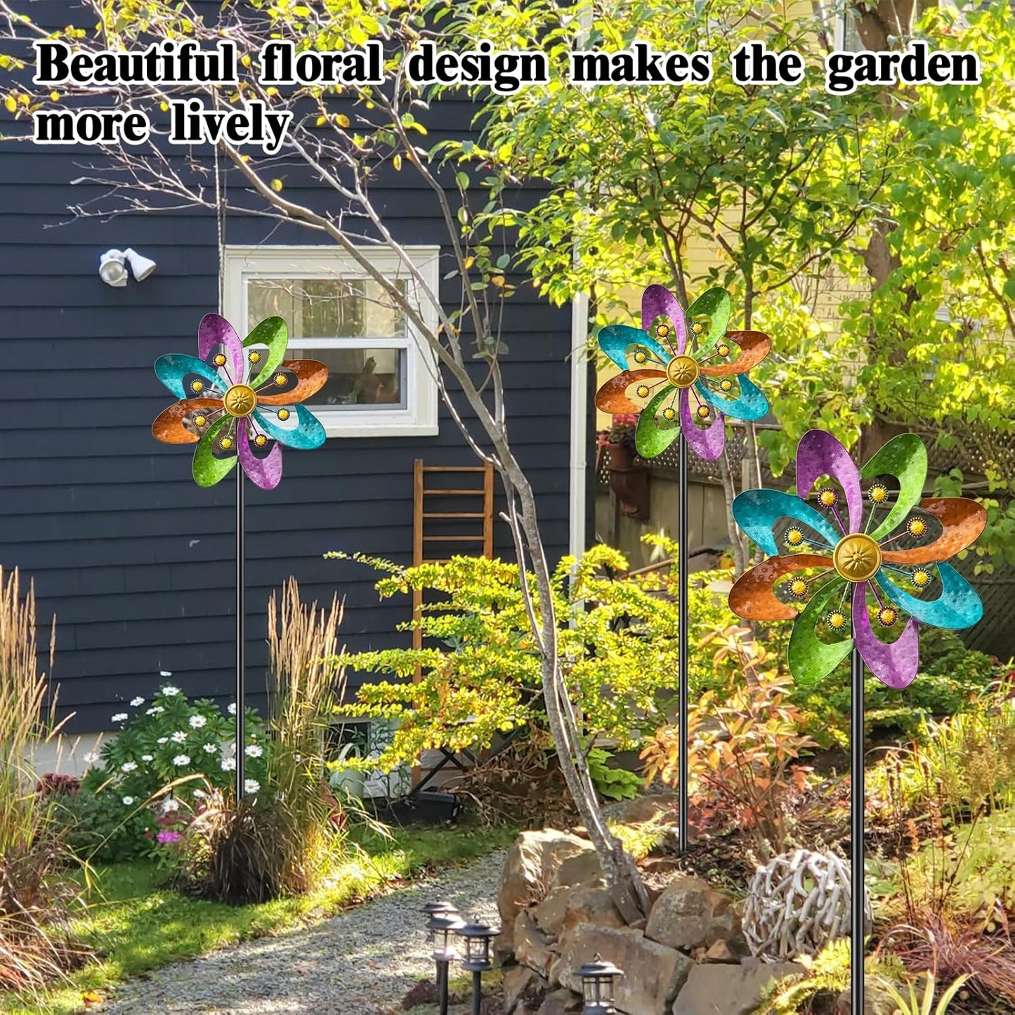 Metal Wind Spinners Outdoor, 360° Wind Sculpture Spinner with Metal Stake, Waterproof Spinners Green Kinetic Wind Spinner for Yard Lawn Decor (A- Colourful 2PC)