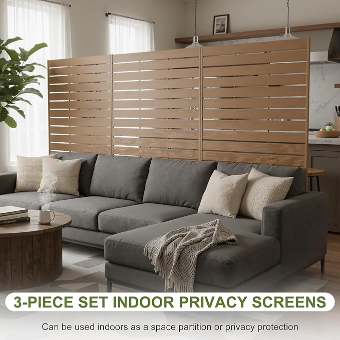 NicBex 3-Pack Outdoor Privacy Screen, 72" H x 47" W Privacy Screen Freestanding Decorative Fence with Metal Stand, HDPE Fence Panels Indoor Decorative Divider for Pool, Garden, Bathroom, Brown