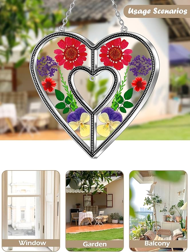 KY&BOSAM Heart Suncatchers DIY Stained Glass Hangings for Windows Wind Chimes Home Gardner Decor with Pressed Real Flowers Heart No Charm Birthday Gifts for Women Mother`s Day Christmas Ornamets