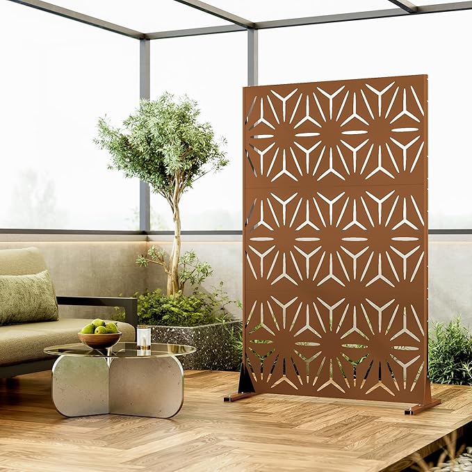 Heavy-Duty Outdoor Privacy Screen for Patio, Balcony, Backyard - 72" H * 44" W Metal Room Divider with Classic Clover Pattern, Anti-Tipping Kit, Weather Resistant, Easy Assembly (Raw Umber-SJX)