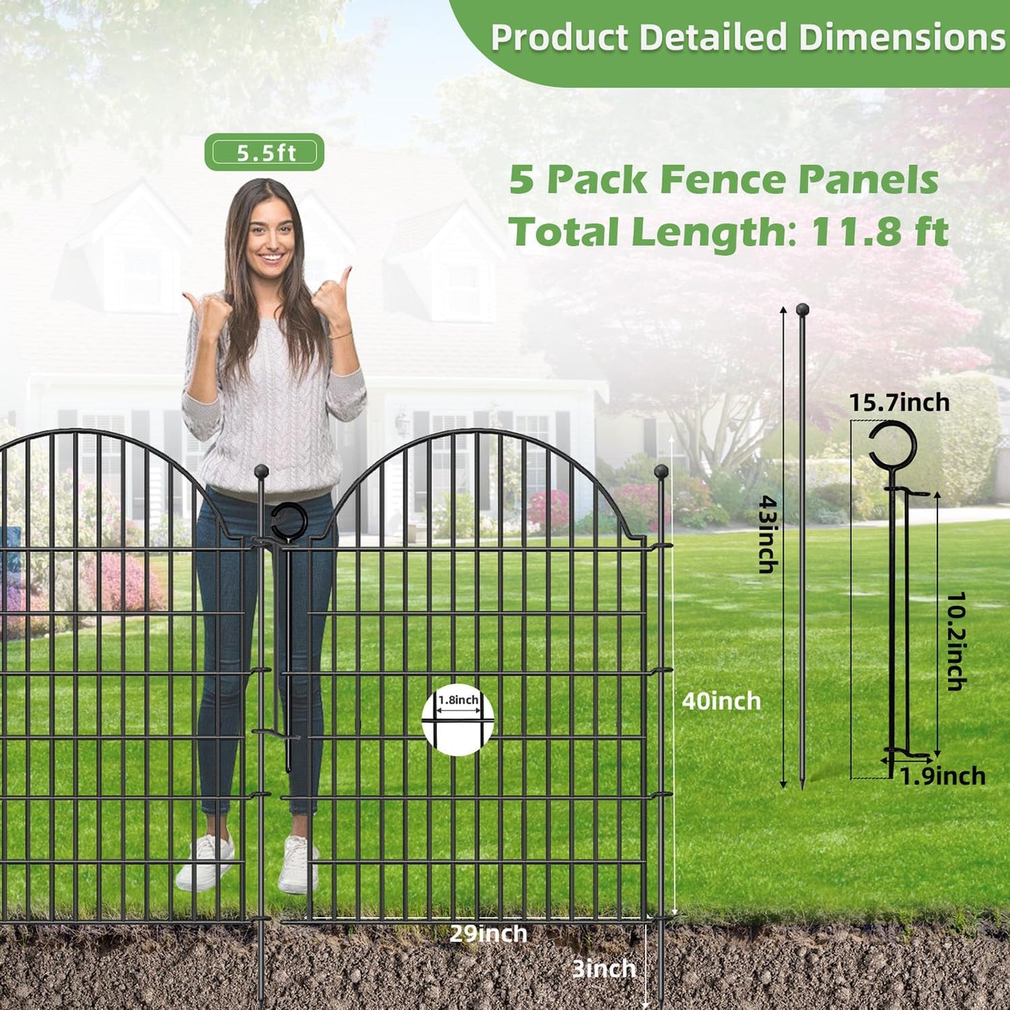 5 Panels Decorative Garden Fencing with Gate for Yard, 40in (H) x 11.8ft (L) No Dig Animal Barrier Fence, Rustproof Metal Wire Outdoor Dog Fences Panel Border with Temporary Ground Stakes