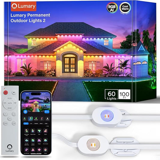 Lumary Permanent Outdoor Lights 2 with Remote, Slide-Base, 100ft with 60 RGBAICW LEDs for House Daily & Accent Lighting, 110+ Scene Modes for Christmas Outdoor Decor, Work with Alexa Google, White