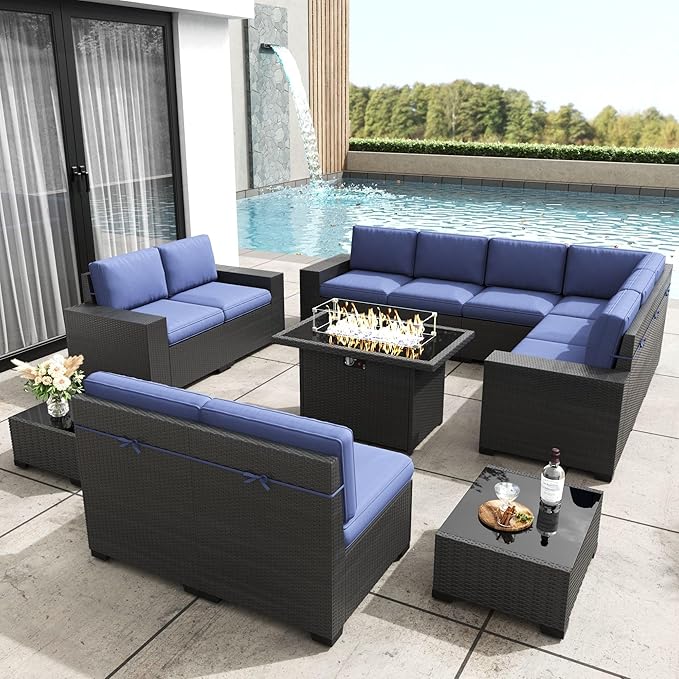 Patio Furniture Set with Fire Pit Table, 13 Pieces Outdoor All-Weather Wicker Conversation Sectional Chair Sofa Set