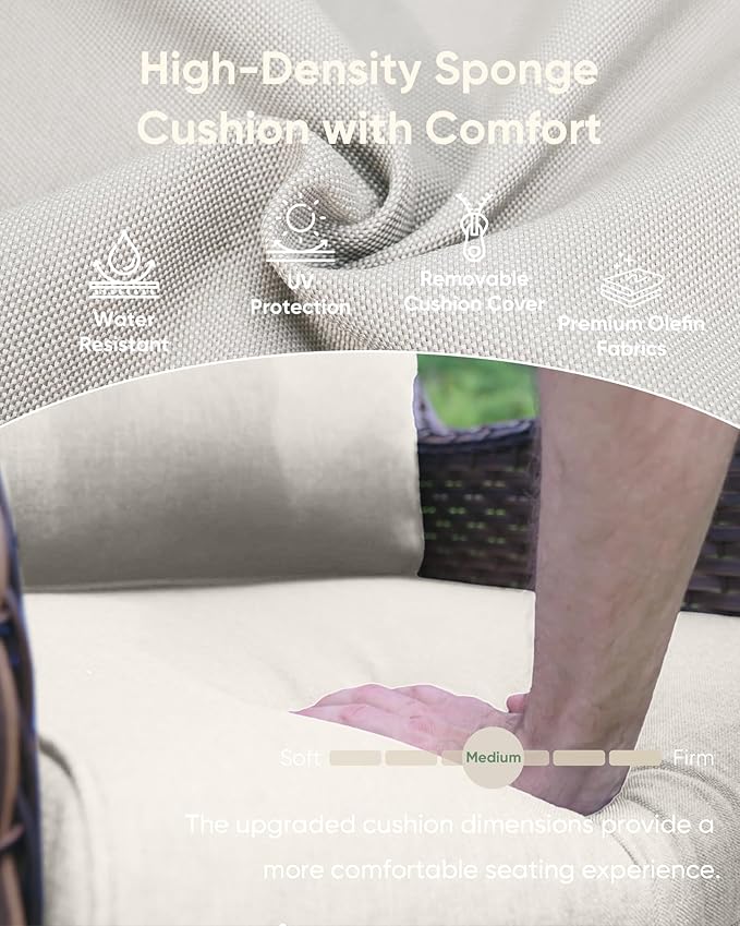 HUMMUH 3-Piece Swivel Rocking Rattan Chair Outdoor, Patio Bistro Furniture Conversation Set, Cushioned Wicker Chair with Glass Coffee Table (Brown, Beige)