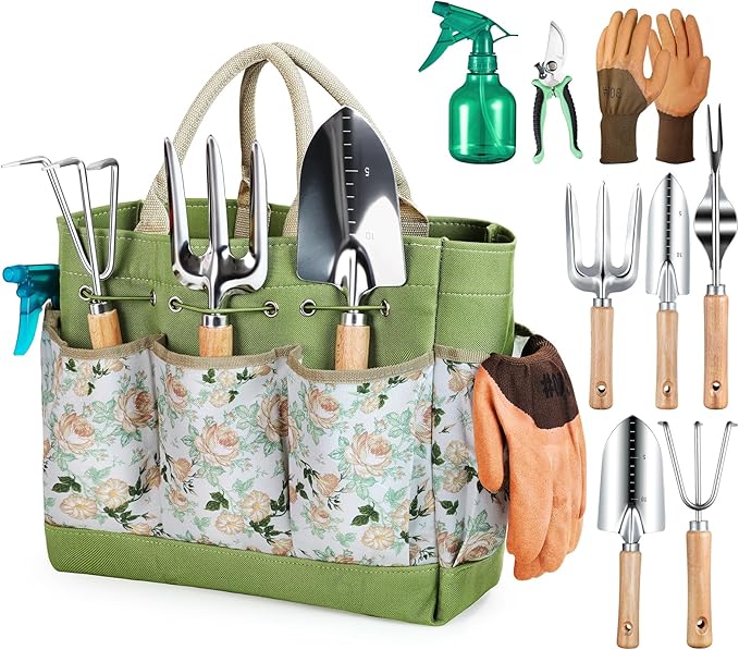 Gardening Tools 9-Piece Heavy Duty Garden Hand Tools with Fashion and Durable Garden Tools Organizer Handbag, Rust-Proof Garden Tool Set, Ideal Gardening Gifts for Women