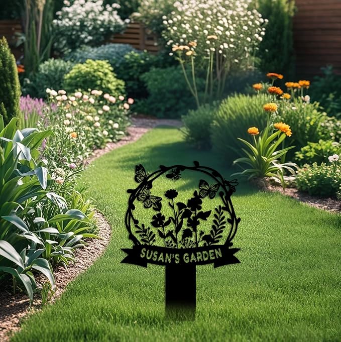 Custom Garden Metal Sign With Stakes, Personalized Metal Garden Name Sign, Garden Flower Sign,Yard Sign, Housewarming Gift, Gifts for Gardeners,Garden Decor name16 12inch