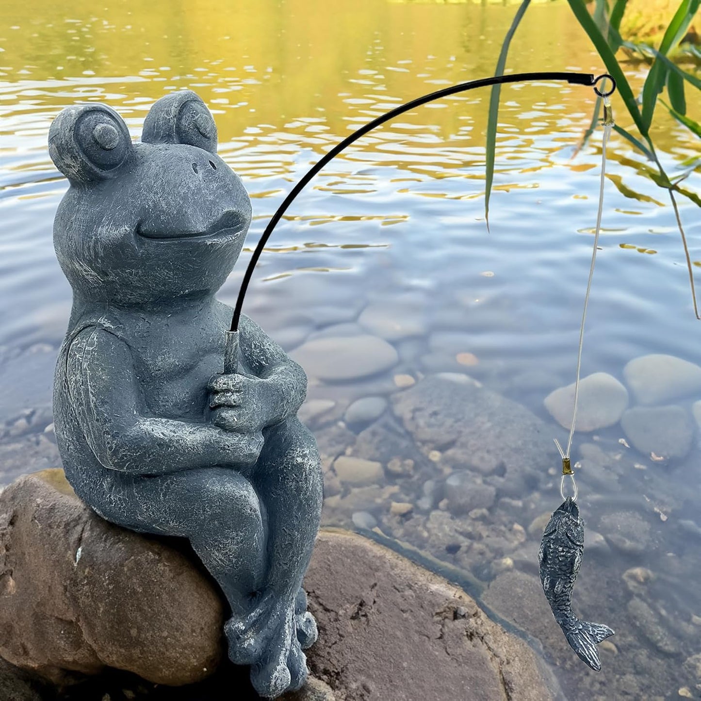 9.5" Fishing Frog Stone Look Sculpture, Whimsical Lawn Yard Art, Funny Garden Pond Fisherman Statue, Resin Animal Decorative Figurine, Ideal for Frog Fishing Lovers