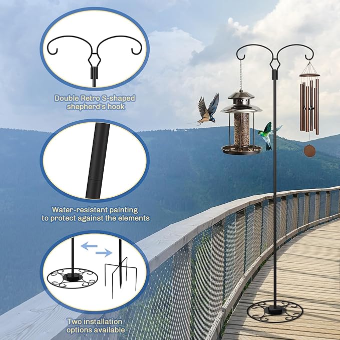 Liitrton 62.6 Inch Shepherds Hooks for Outdoor, Adjustbale Double Shepherds Hooks Hummingbird Feeder Stand Bird Feeder Pole Wind Chime Stand with Round Base, 4 Prongs Base and Water Weight Bag