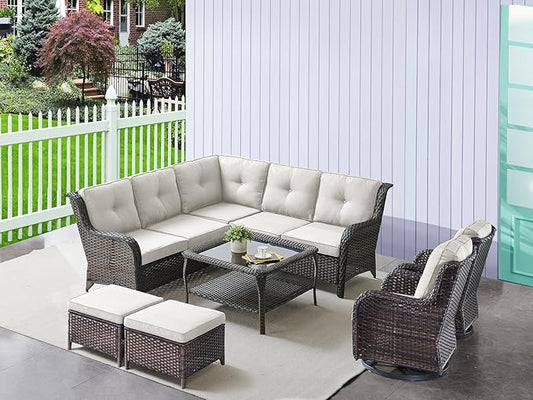 HUMMUH 8 Piece Patio Furniture PE Wikcer Outdoor Furniture Set with Sectional Sofa Swivel Patio Chairs Ottomans and Glass Coffee Table for Yard,Garden,Lawn