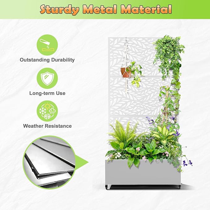 Metal Raised Garden Bed with Trellis, 2-in-1 Planter Box & Privacy Screen for Climbing Plants, Outdoor Standing Flower Bed with Drainage Holes, 35.4" L x 15.7" W x 70.1" H, White-Spring