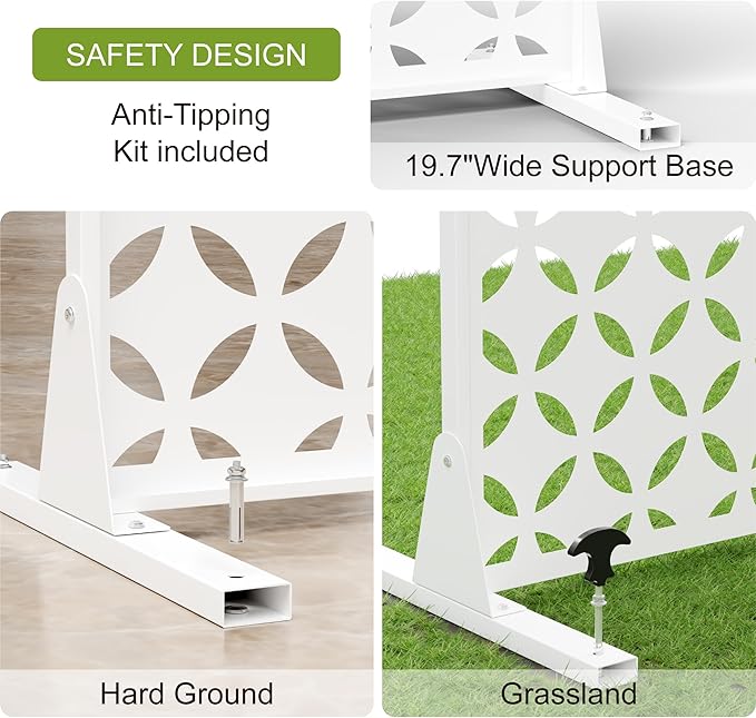 Metal Privacy Screen for Outdoor Freestanding Privacy Screens, 72" H x 44" W White Metal Fence Panels with Stand, Patio Divider Screens for Outside Deck Balcony Garden and Indoor