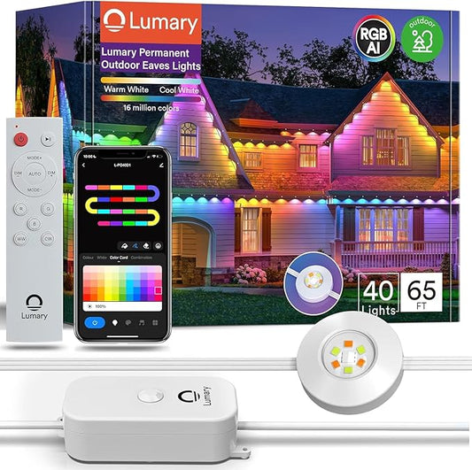 Lumary Permanent Outdoor Lights Pro with Remote, 40LED 53ft for House, 2000lm RGBAICW Smart Eave Light, Work with Alexa Google, Multi Scene for Daily Halloween Christmas Decor, IP67 Waterproof, White