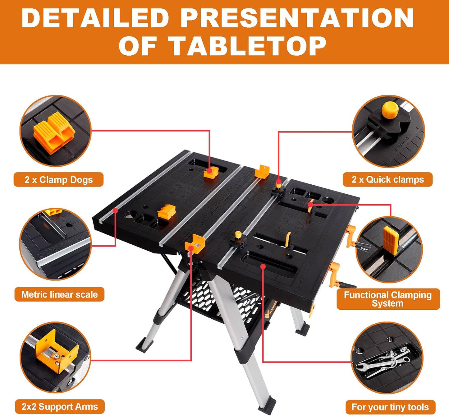 Portable Workbench & Sawhorse, 440Lbs/1000Lbs Capacity Heavy Duty Folding Work Table, 21.5"-32.5" Adjustable Height with Clamping System, 2 x 4 Support Arms, Tool Tray for Garage